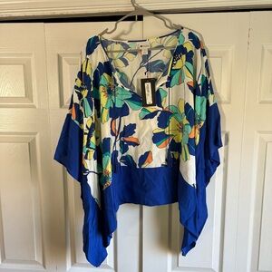 STYLUS Blue and Yellow Floral Top, Swimsuit Coverup, Size Large NWT